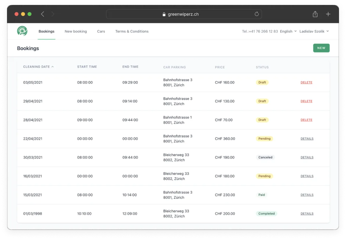 Greenwiperz overview of the bookings